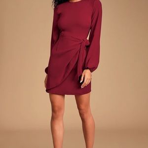 NWOT Lulu’s Believe It or Knot Wine Red Long Sleeve Tie-Front Skater Dress